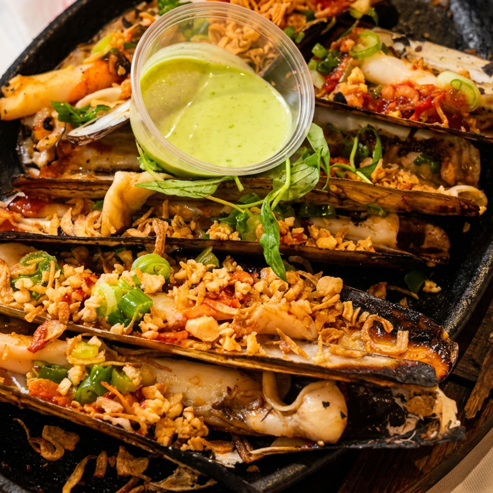 Razor clams in shells topped with fried garlic, green onions, and a side of green sauce on a hot plate.