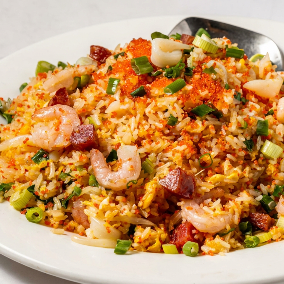 Colorful fried rice with shrimp, diced sausage, green onions, and bright orange roe.