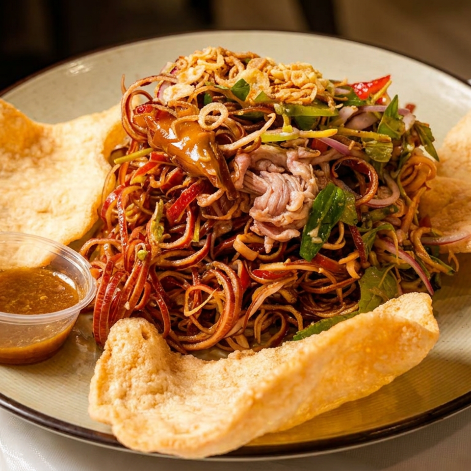 Colorful banana blossom salad with shredded pork, herbs, crispy shallots, and prawn crackers.