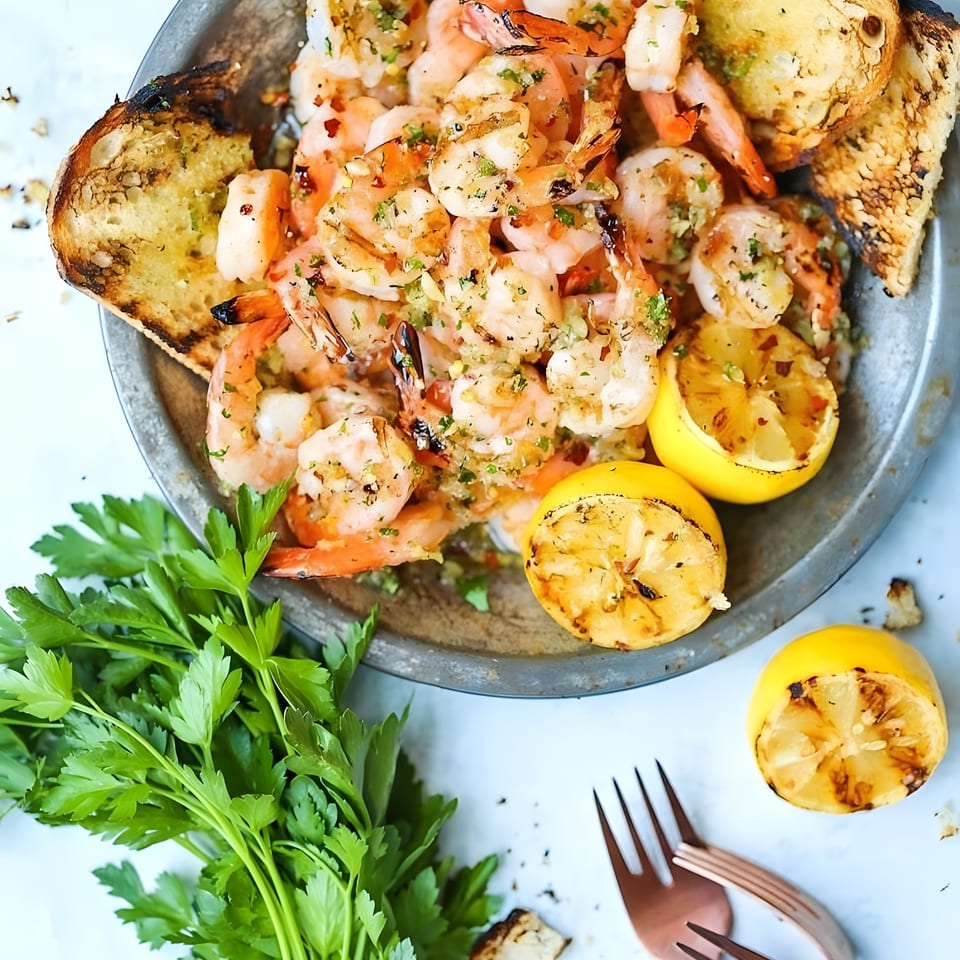 Garlic butter shrimp with grilled lemon halves, parsley, and toasted bread in a metal bowl.