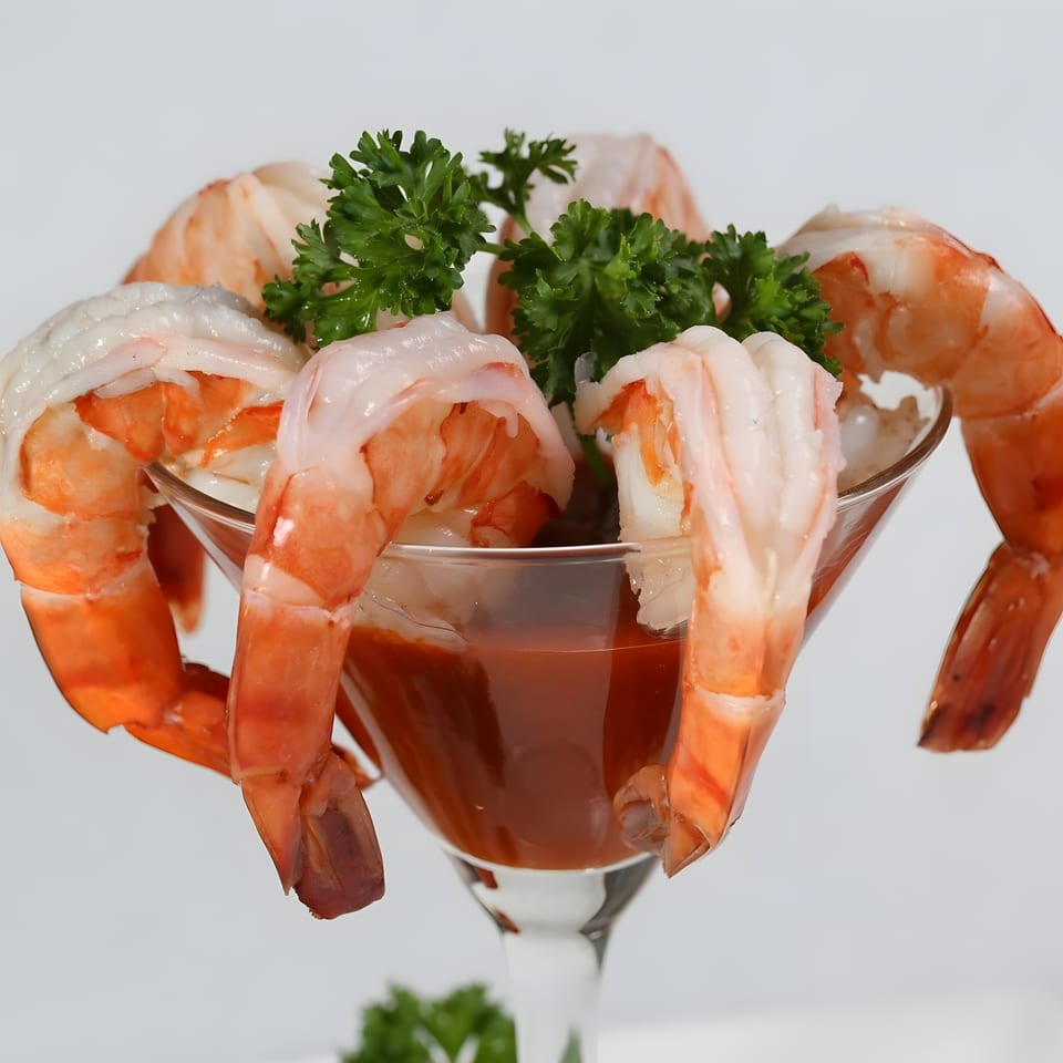 Shrimp cocktail in a martini glass with red sauce and parsley garnish against a white background.