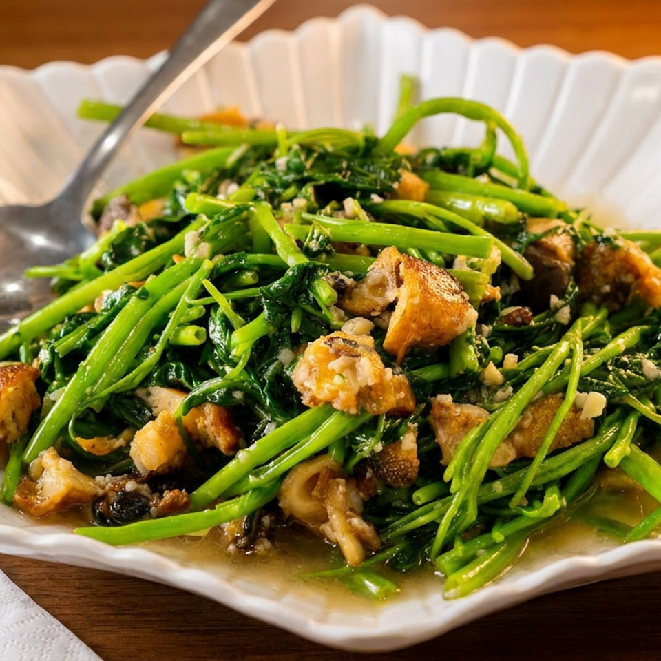 Stir-fried green vegetables with crispy golden pieces served on a white scalloped plate.