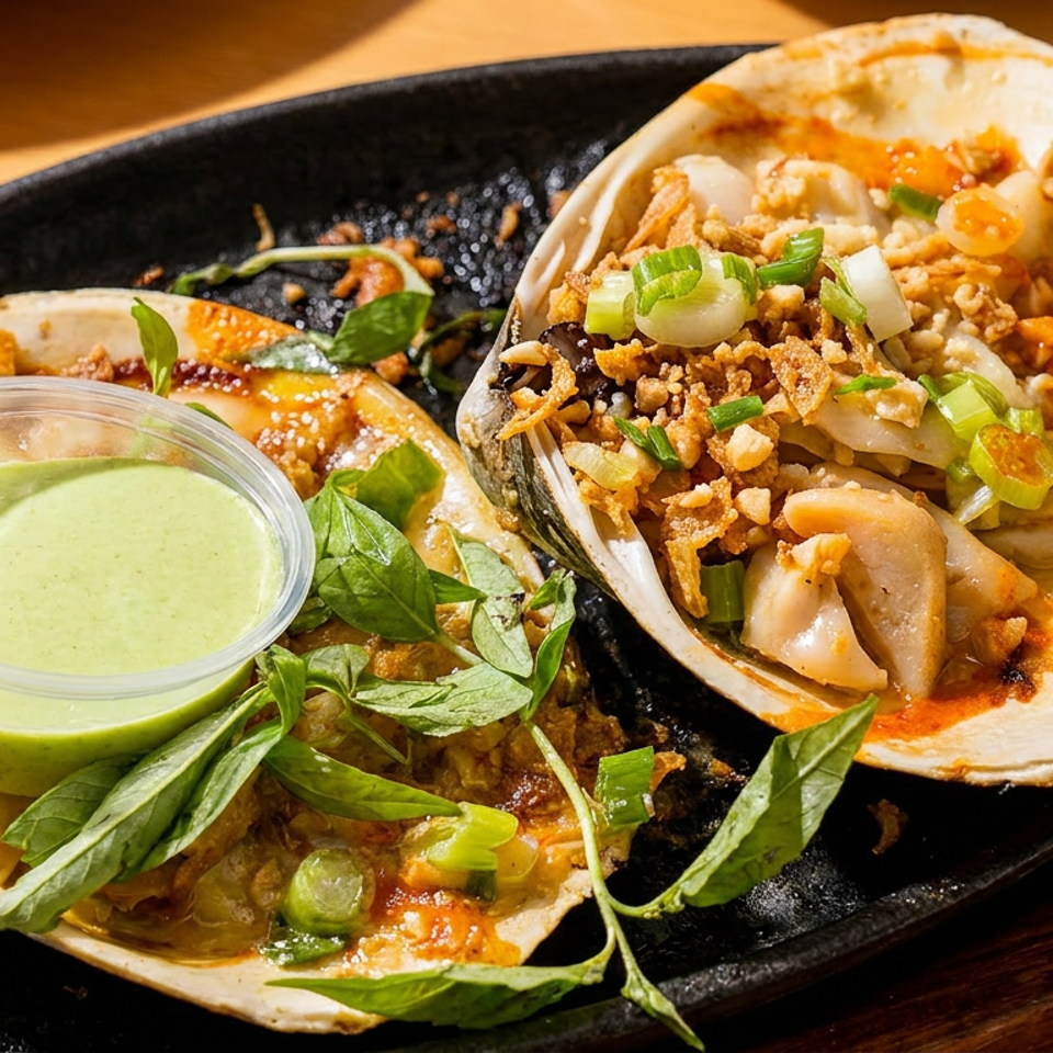 Two clam shells filled with seafood, fried garlic, green onions, and basil, served on a sizzling plate.