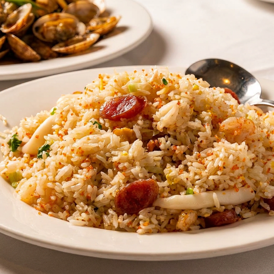 Fried rice with Chinese sausage, squid, and seafood on a white plate, with clams in the background.