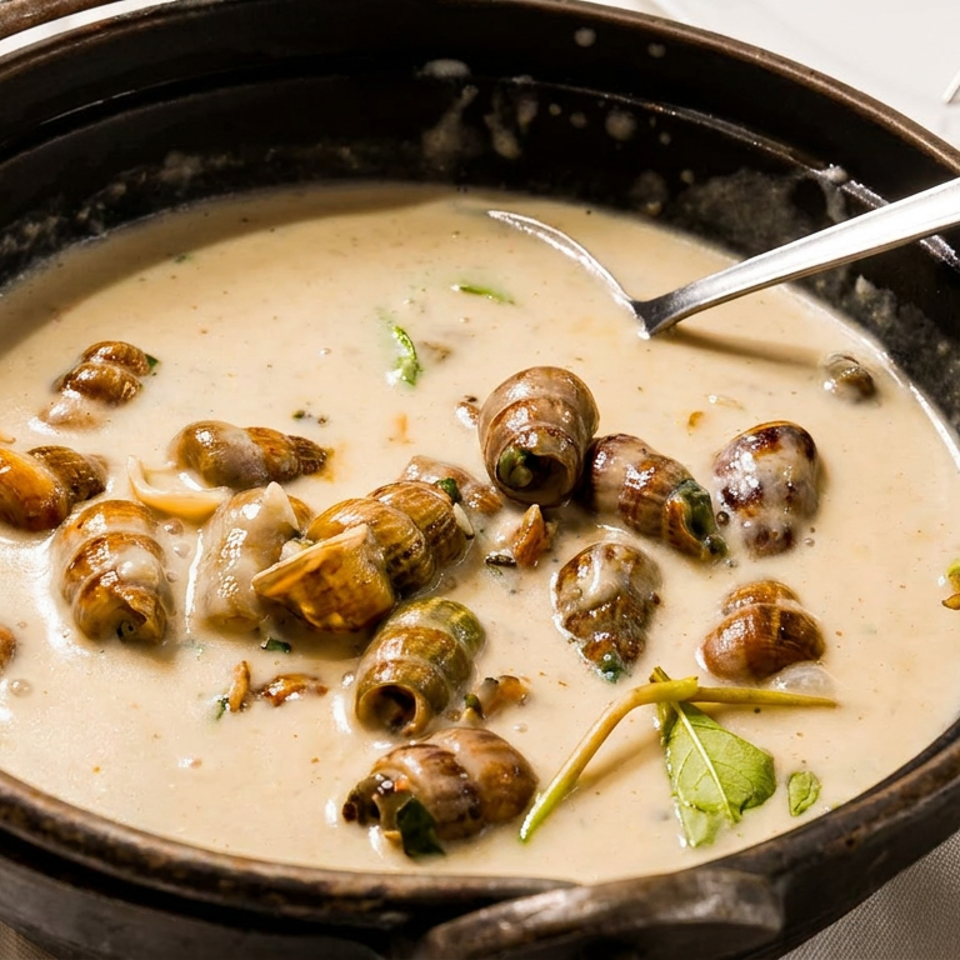 Creamy snail stew in a dark pot with a spoon.