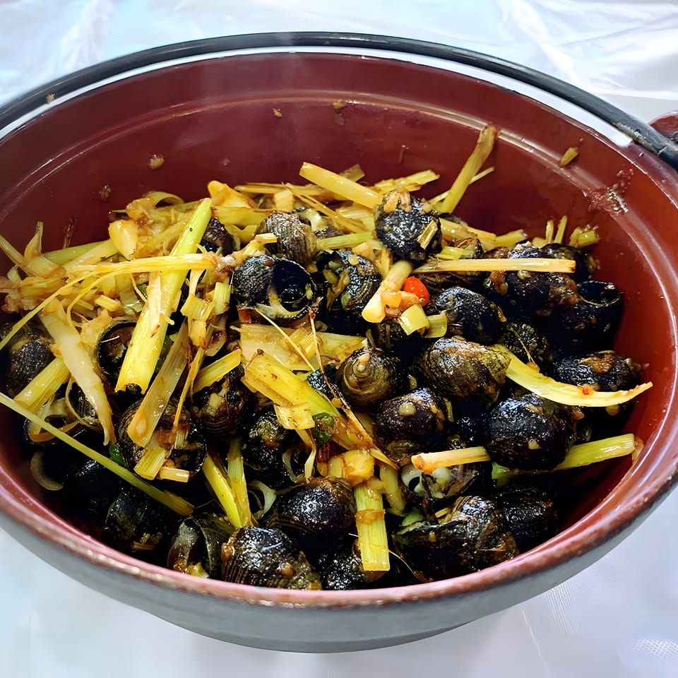 A rustic pot filled with dark snails and bright green herbs, possibly lemongrass or scallions.