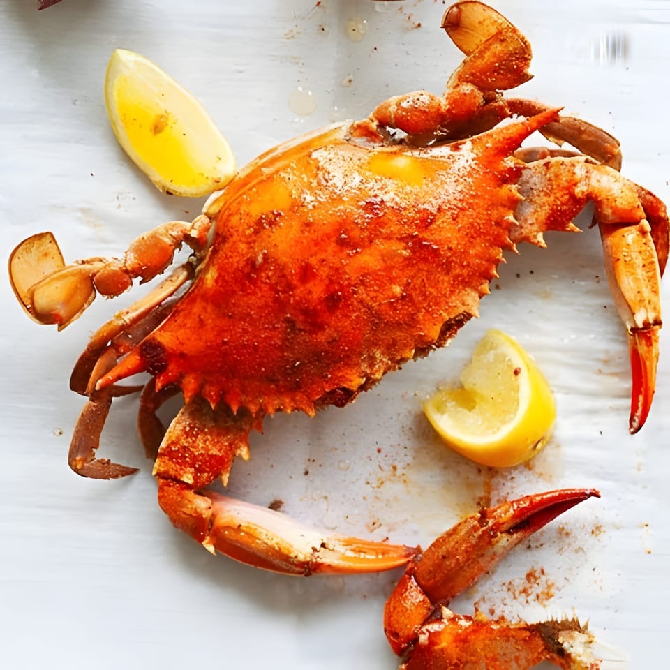 A vibrant red cooked crab with two lemon wedges on a white surface.