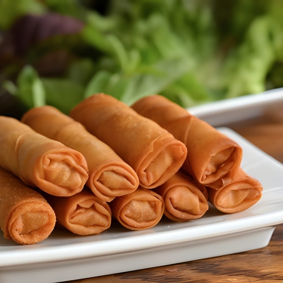 Crispy golden spring rolls piled on a white rectangular plate, with fresh greens and sauce in the background.