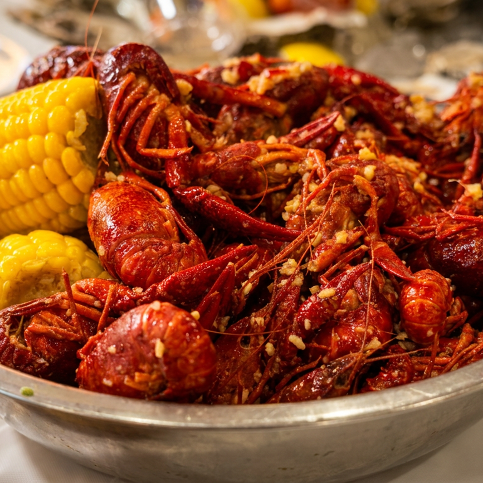 A generous serving of seasoned red crawfish and bright yellow corn in a metal bowl.