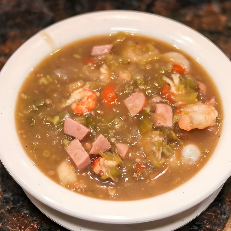 A white bowl filled with a hearty gumbo, featuring shrimp, sausage, and vegetables.